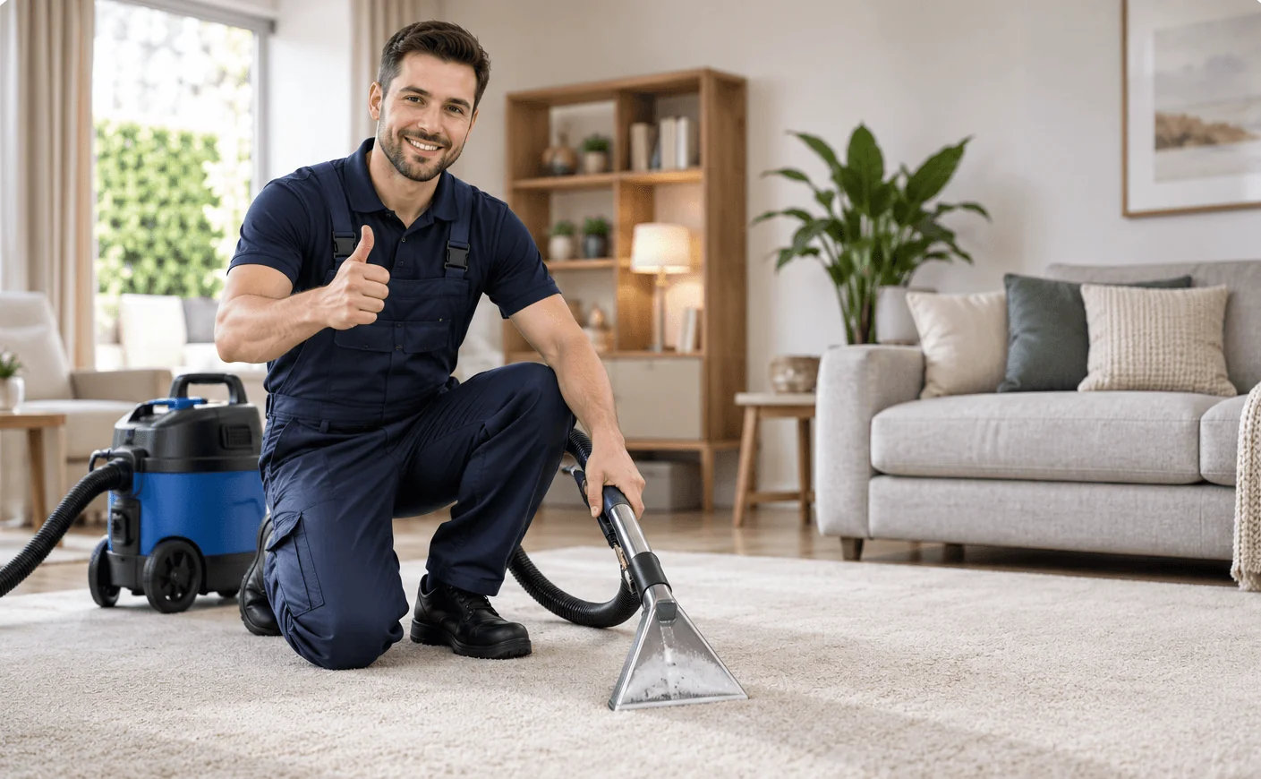 Professional carpet cleaner at work